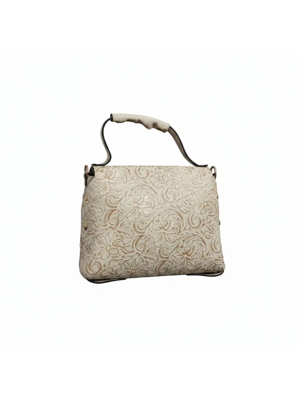 Off White Ivory Floral Studded Embossed Artisan LEATHER Purse Handbag Crossbody